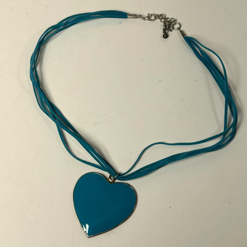Turquoise Blue Heart Pendant Necklace Multi Strand Cord Silver Tone Adjustable